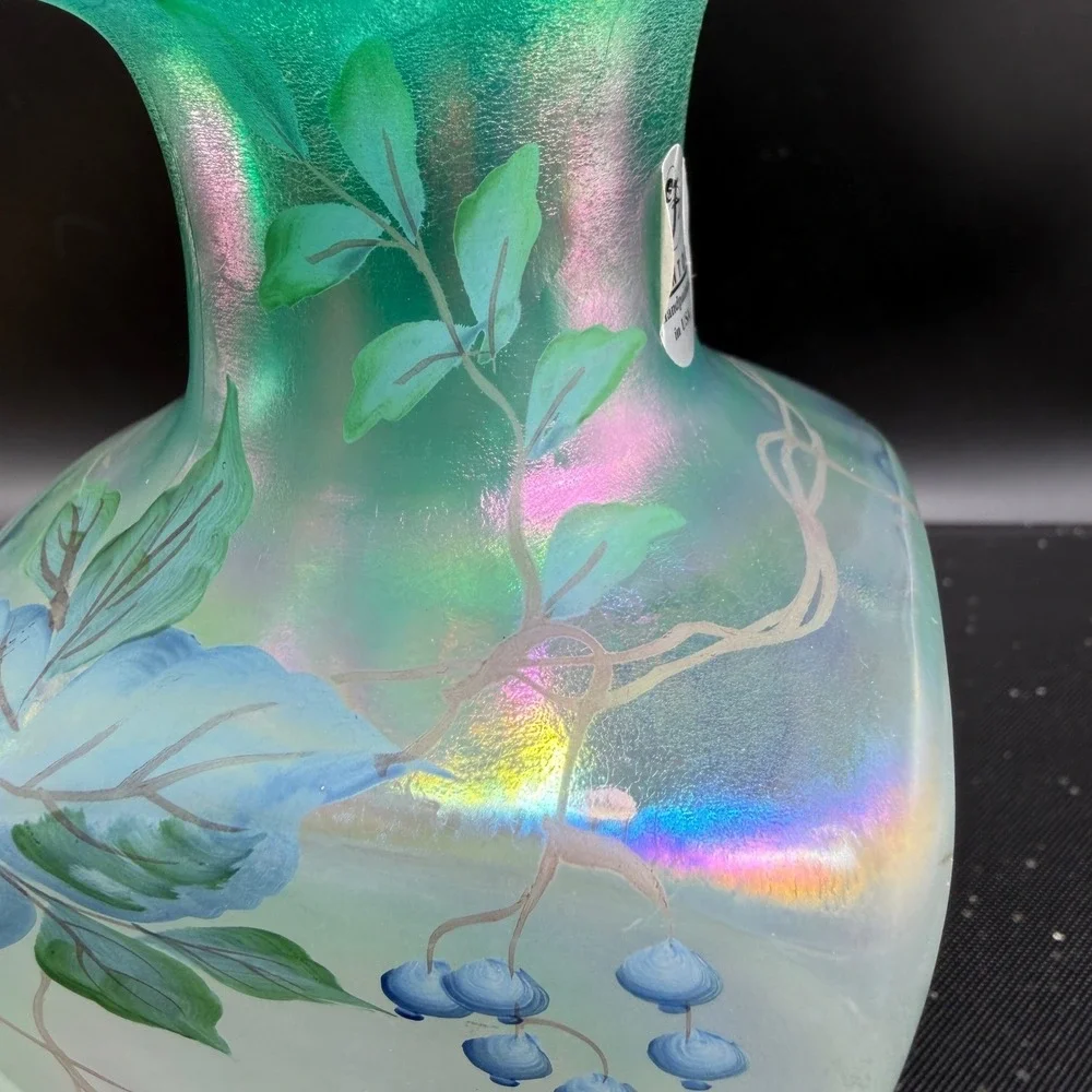 Fenton‎ New Century XXI Green Opalescent Iridescent Hand Painted Blueberry Vase